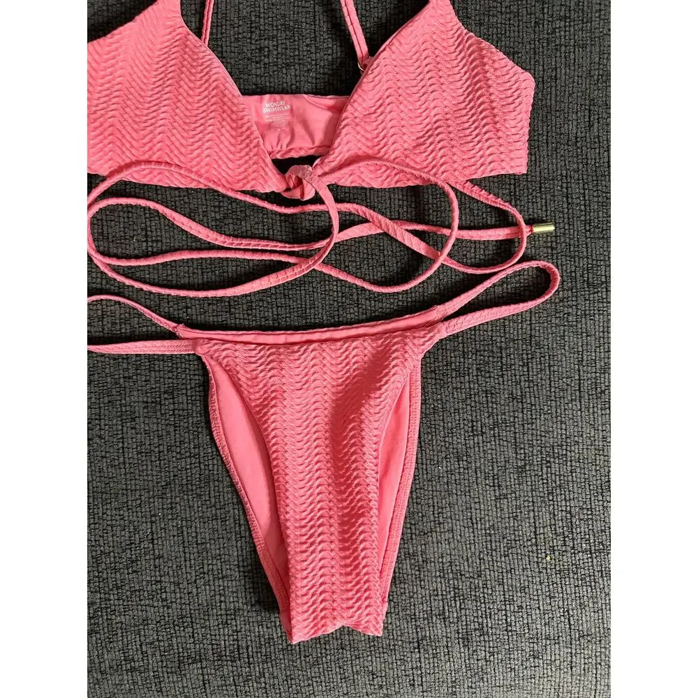 Monday Swimwear St.martin Bikini Top Bottom Set Textured in Azalea Pink size P/S